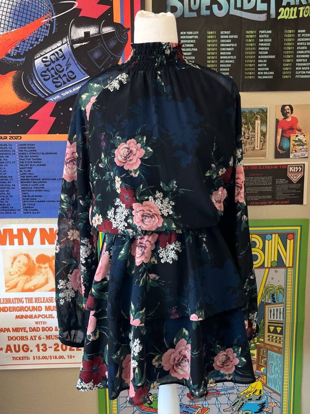 Black floral mini dress with high neck and layered skirt